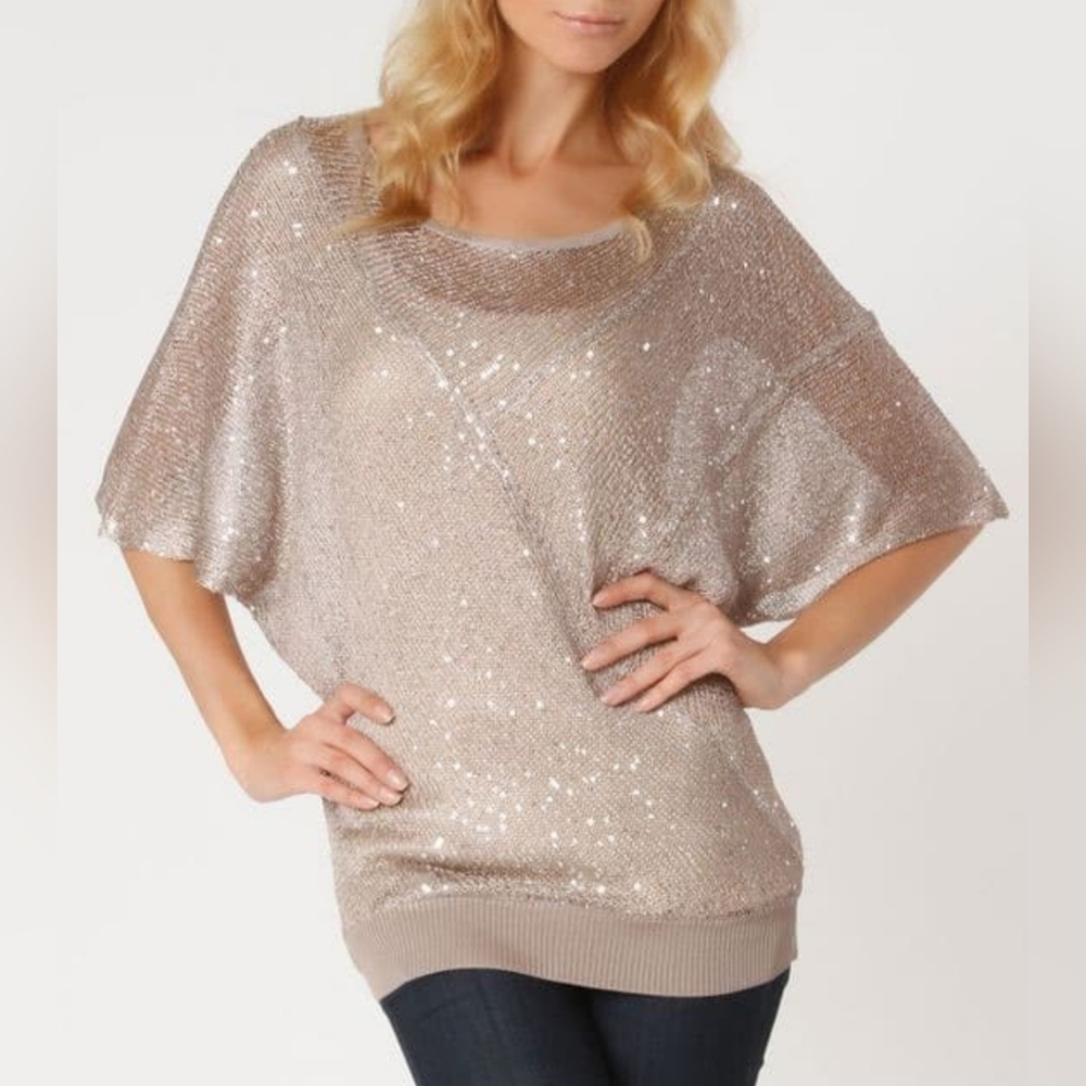 Dressbarn‎ Gold Sequin Knit Batwing Sleeve Blouse Womens Size Medium